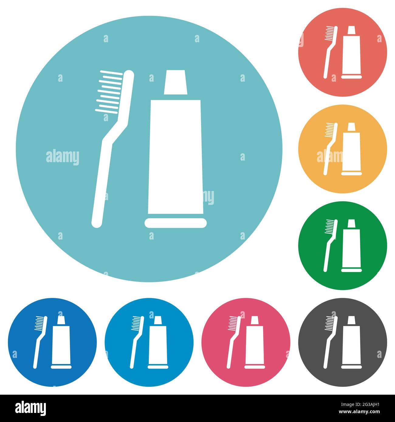 Toothbrush and toothpaste tube flat white icons on round color ...