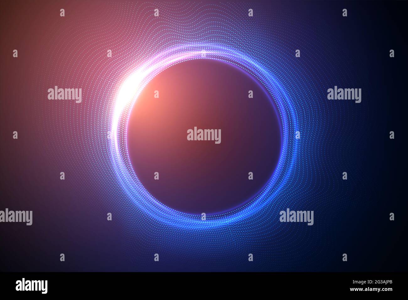Glowing circles from dots with depth of field effect. Black hole, sphere, circle. Music, science, technology particles background. Stock Photo