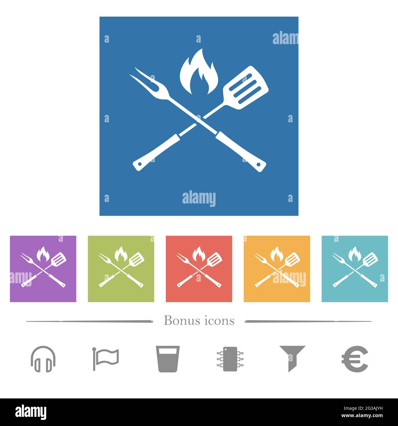 Barbecue fork and spatula with flame flat white icons in square ...