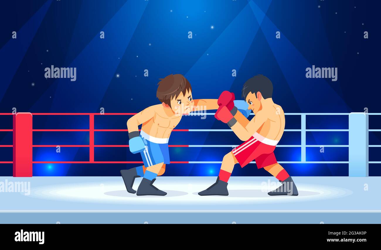 A young boxer blocks a punch in the ring. Teenage boys begin to train their boxing skills in the arena. Friends in gloves, fighting. Sports, martial Stock Vector