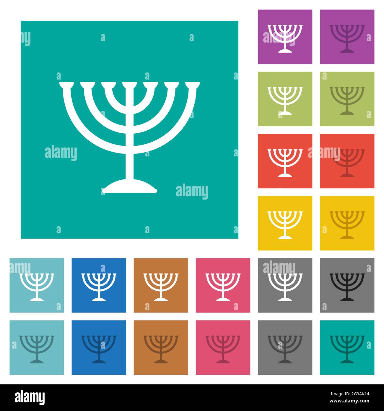Menorah multi colored flat icons on plain square backgrounds. Included white and darker icon variations for hover or active effects. Stock Vector