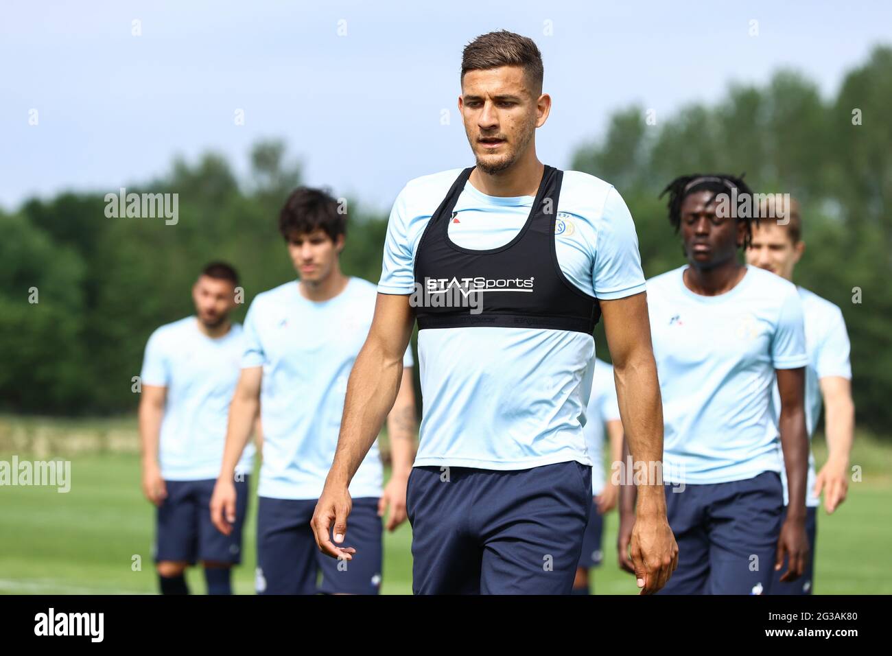 An unidentified player pictured during the first training session for the new season 2021-2022 of Jupiler Pro League first division soccer team Royale Stock Photo