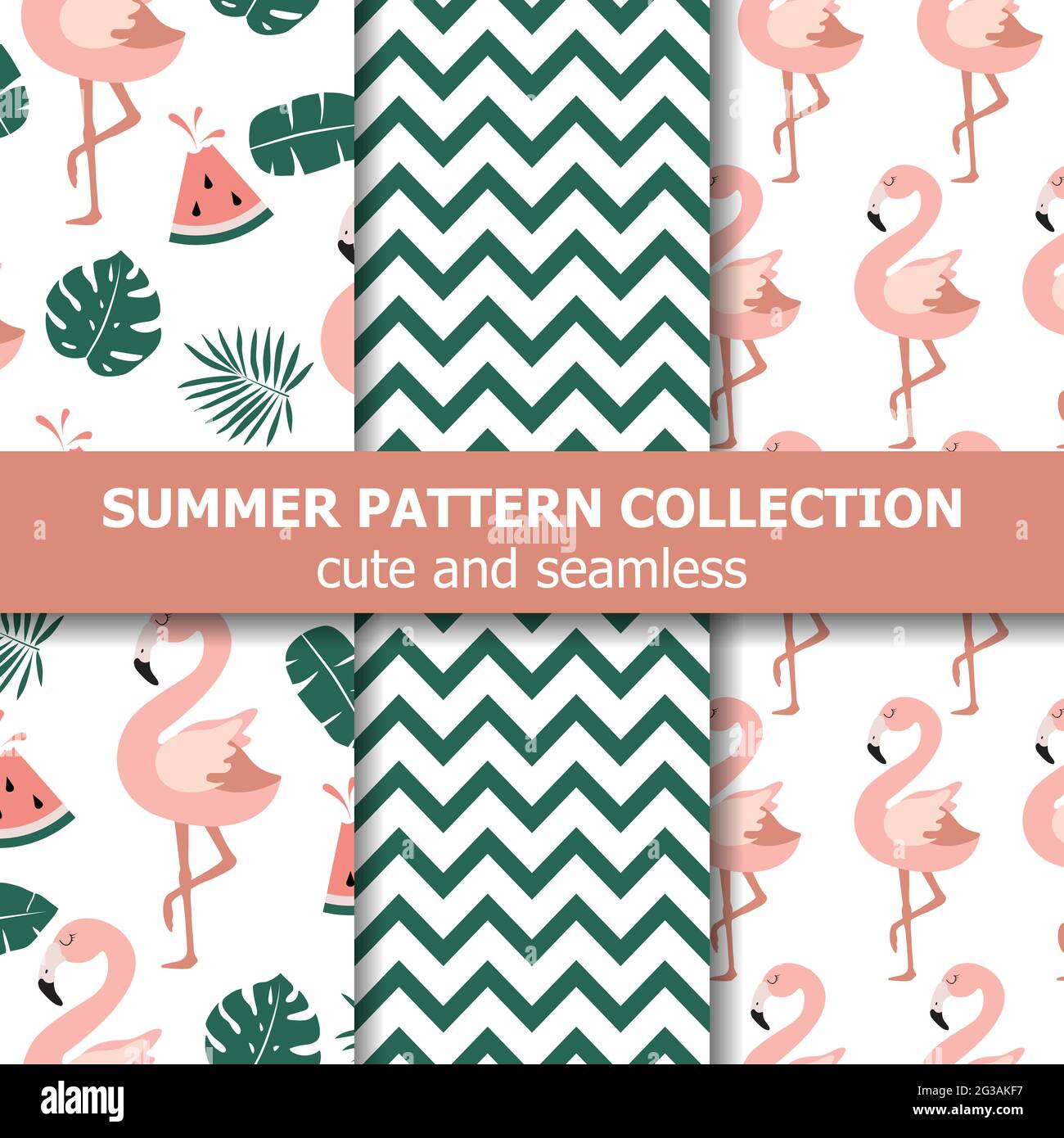 Summer pattern collection. Flamingo and watermelon theme, Summer banner. Vector Stock Vector