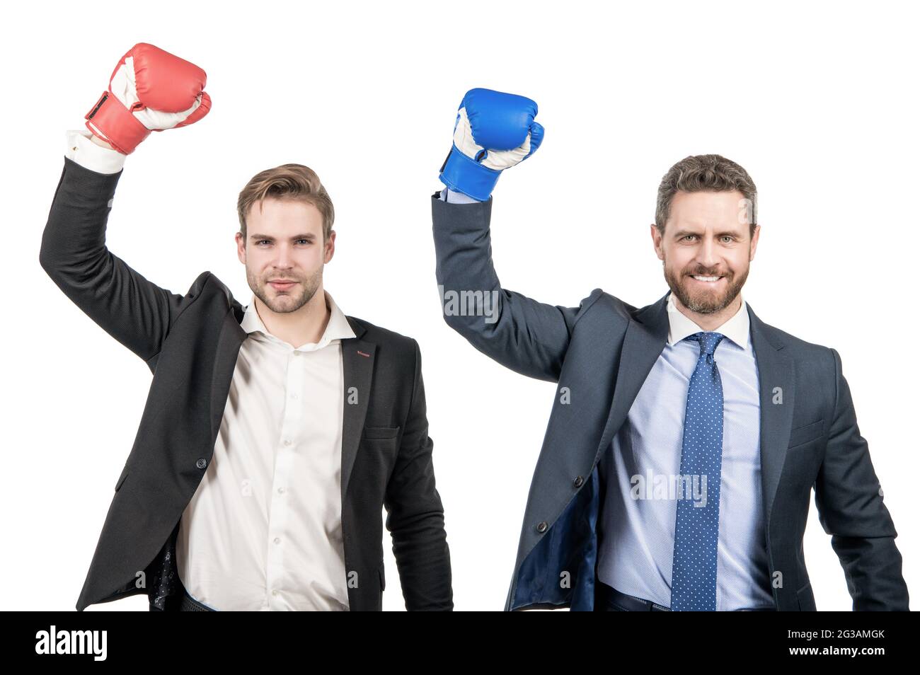 two successful business men in boxing gloves raised hands isolated on