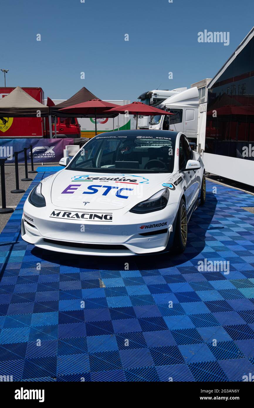 Vallelunga June 13 2021, Fx series racing. Tesla Executive racing electric car front view full lenght in cirrcuit paddock Stock Photo