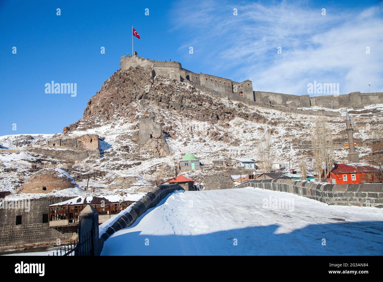 Kars,Turkey - 01-26-2016 :Kars castle view on snowy day. Stock Photo