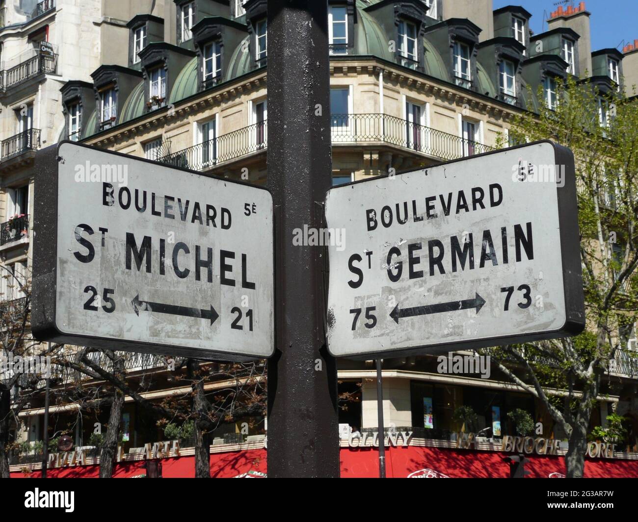 Street signs of Boulevard St. Germain and Boulevard St. Michel in Paris