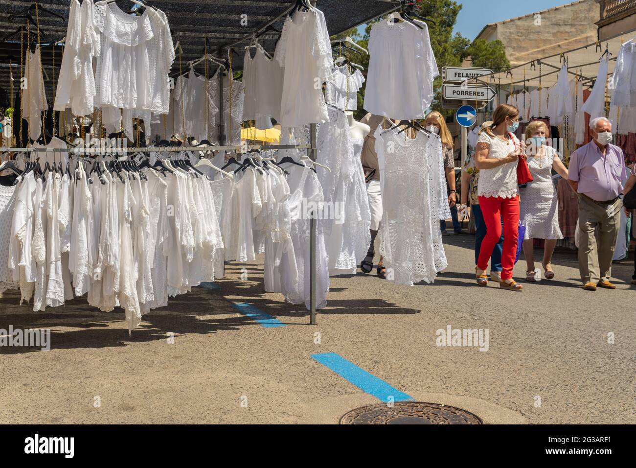 Campos, Spain; june 12 2021 style linen stall at the weekly