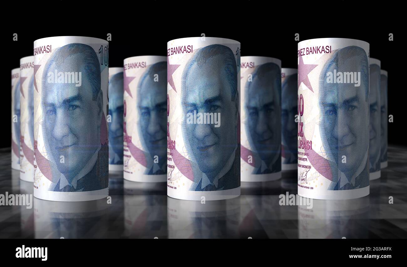 Turkish lira money roll 3d illustration. TRY banknote bundle stacks ...