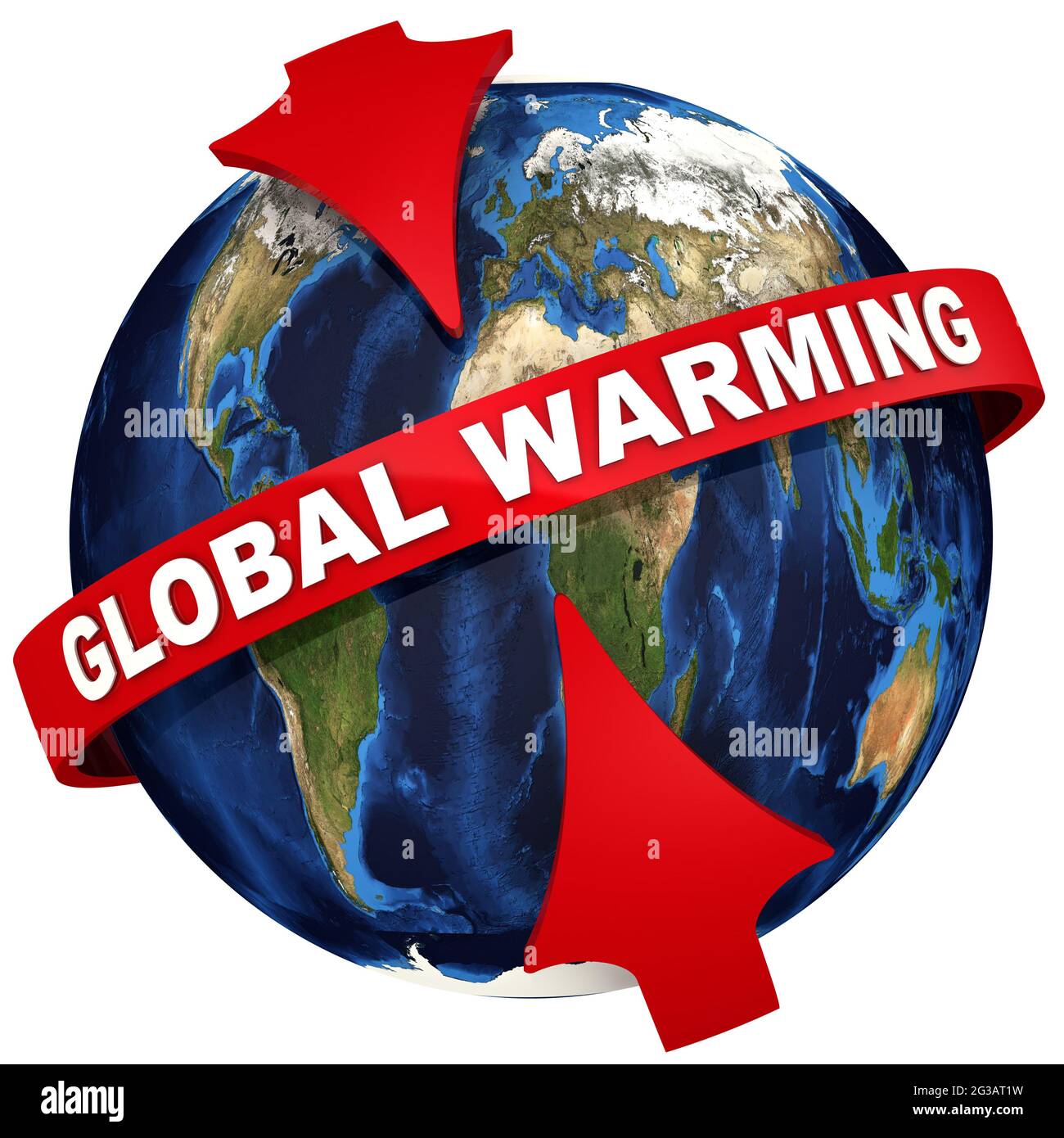 Global warming on the planet Earth. Red arrows emphasize the white text GLOBAL WARMING on the globe background. Isolated. 3D Illustration Stock Photo