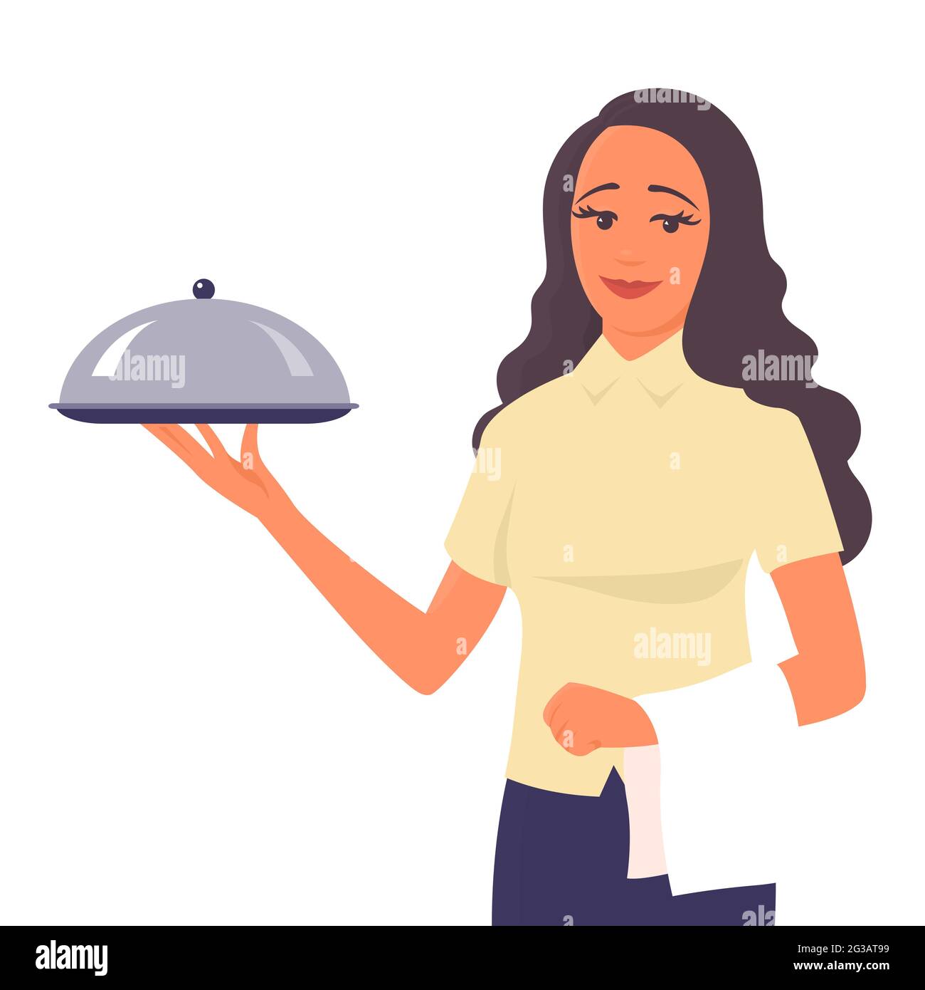 A beautiful girl waiter stands with a tray in his hand. There is a smile on my face. Concept for restaurant and lunch. Vector cartoon character illust Stock Vector