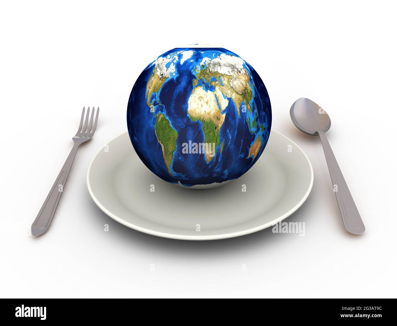 Food in the form of planet Earth. Planet Earth as food lies on a plate with a fork and spoon. 3D illustration Stock Photo