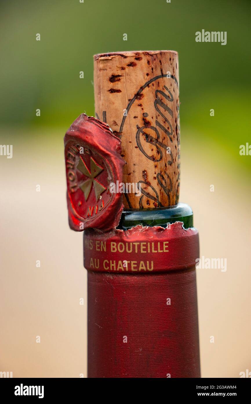 Cork on Pomerol, Chateau Le Pin, Bordeaux wine bottle Stock Photo