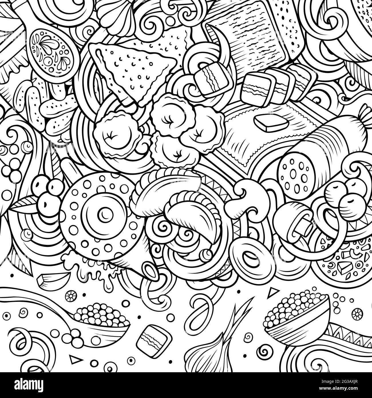 Cartoon vector doodles Russian food frame. Line art, detailed, with ...