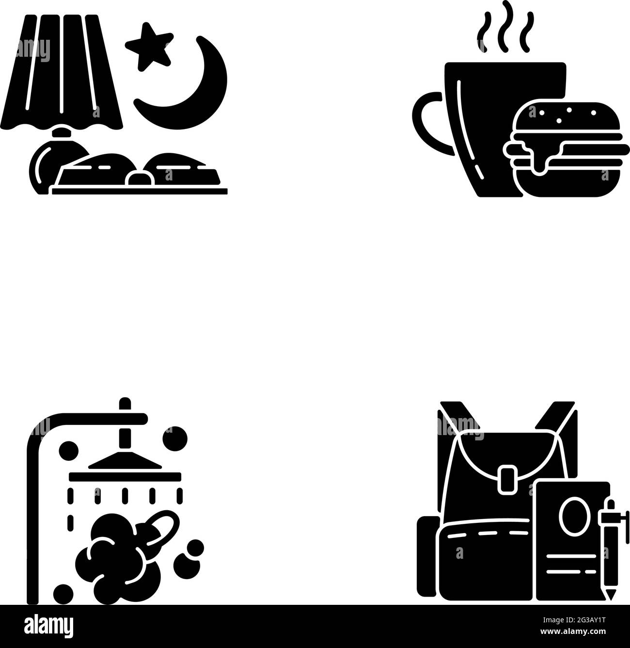 Everyday schedule and routine black glyph icons set on white space ...