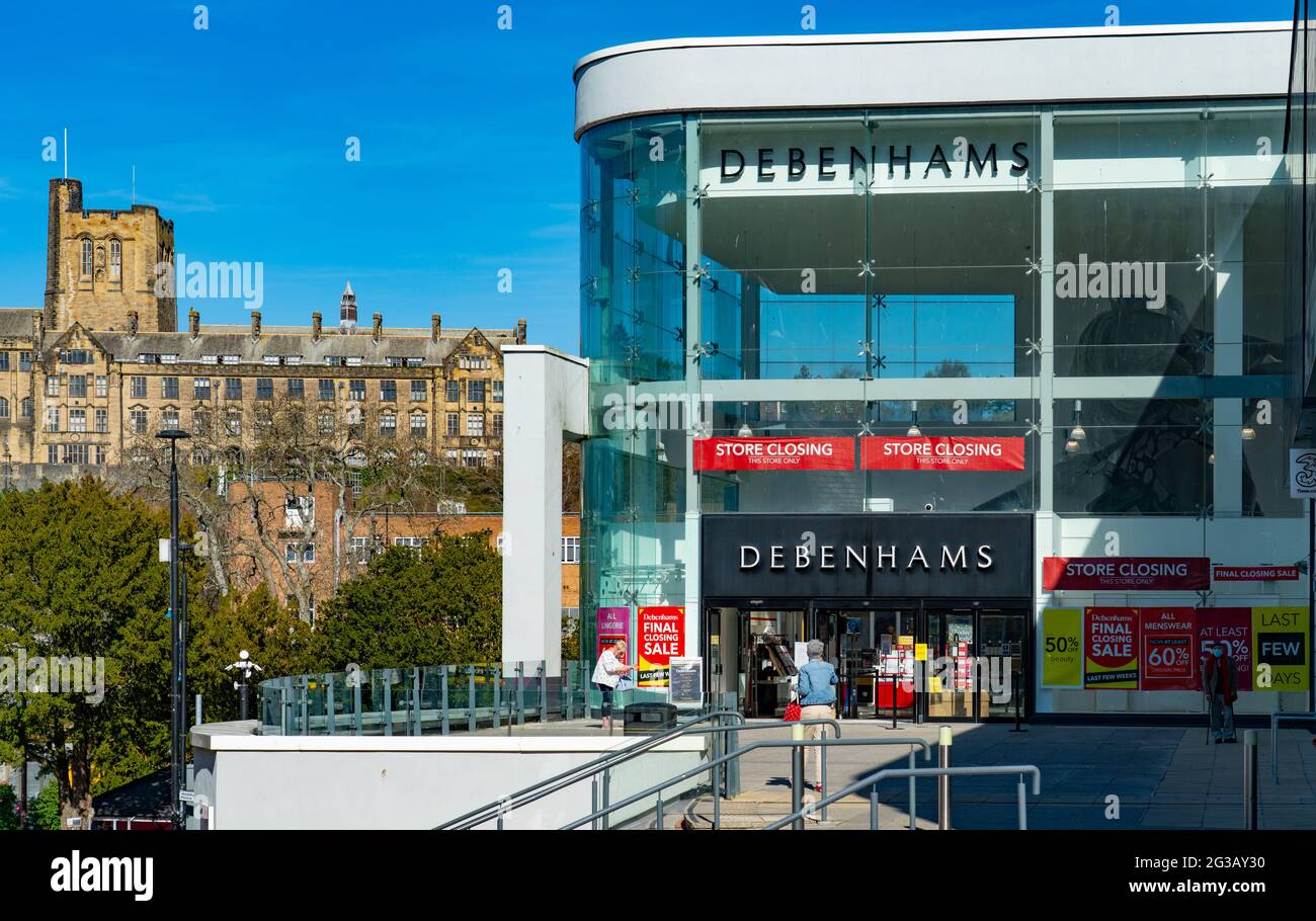 Debenhams store, Bangor, Gwynedd, North Wales. Taken in April 2021 just before closing down for good. Bangor University in the distance. Stock Photo