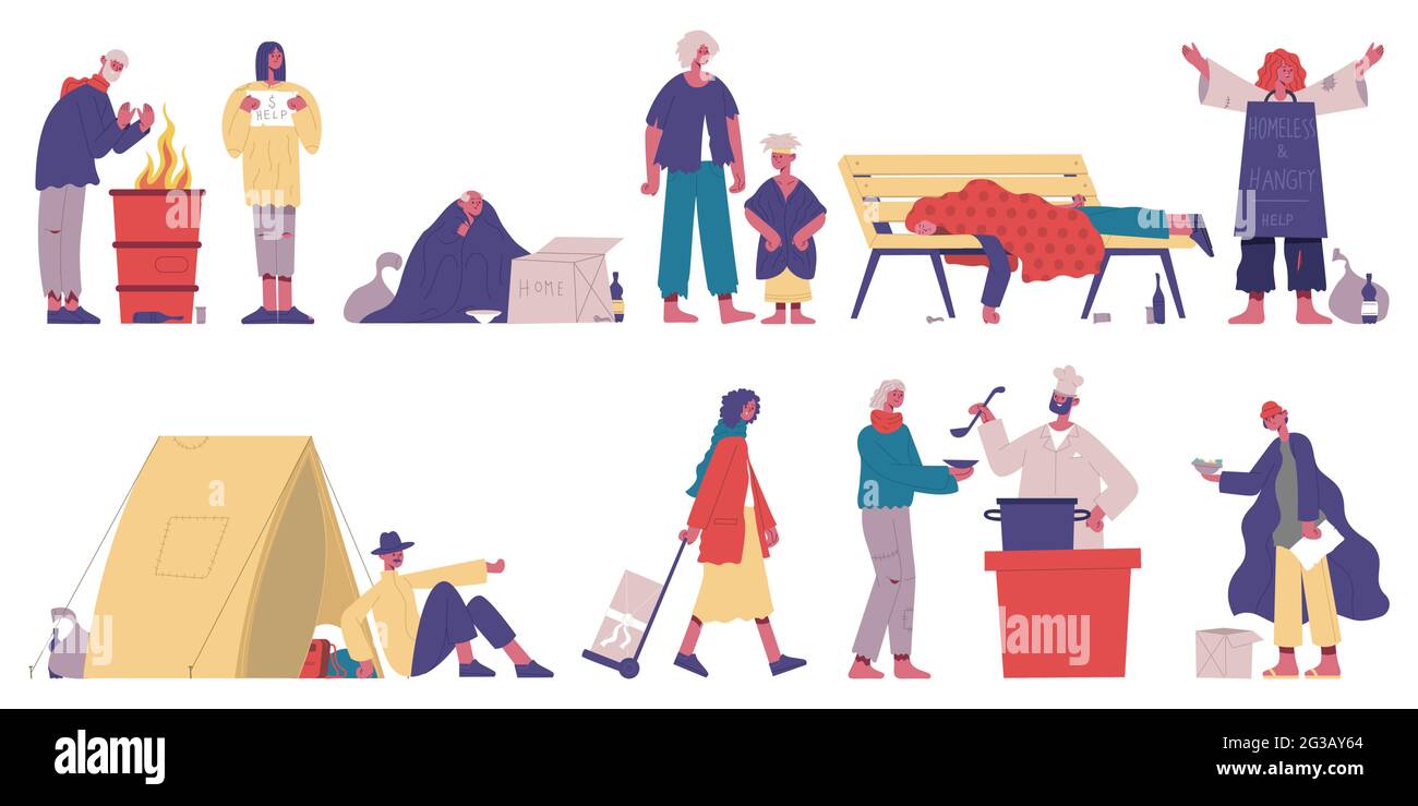 Homeless characters. Poor, unemployment beggar characters, hungry and dirty people cartoon vector illustration set. Beggar need help Stock Vector