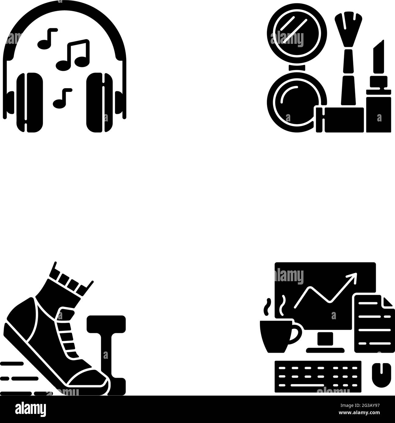 Everyday office worker routine black glyph icons set on white space ...