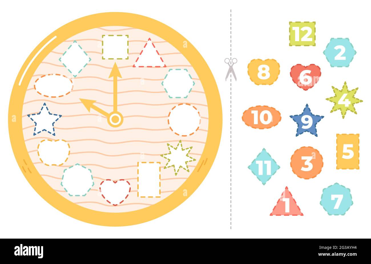 Children clock puzzle game. Educational time puzzle game for kids, clock learning paper game