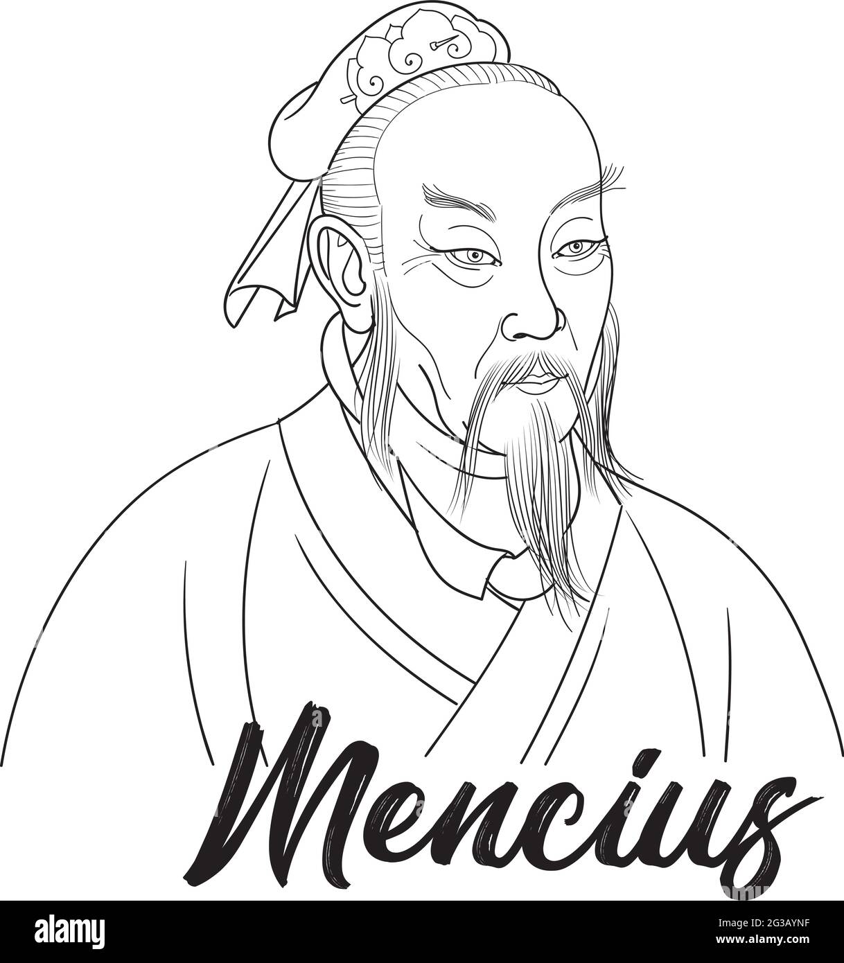 Mencius; born Mèng Kē; or Mengzi was a Chinese Confucian philosopher who has often been described as the 'second Sage', that is, after only Confucius Stock Vector