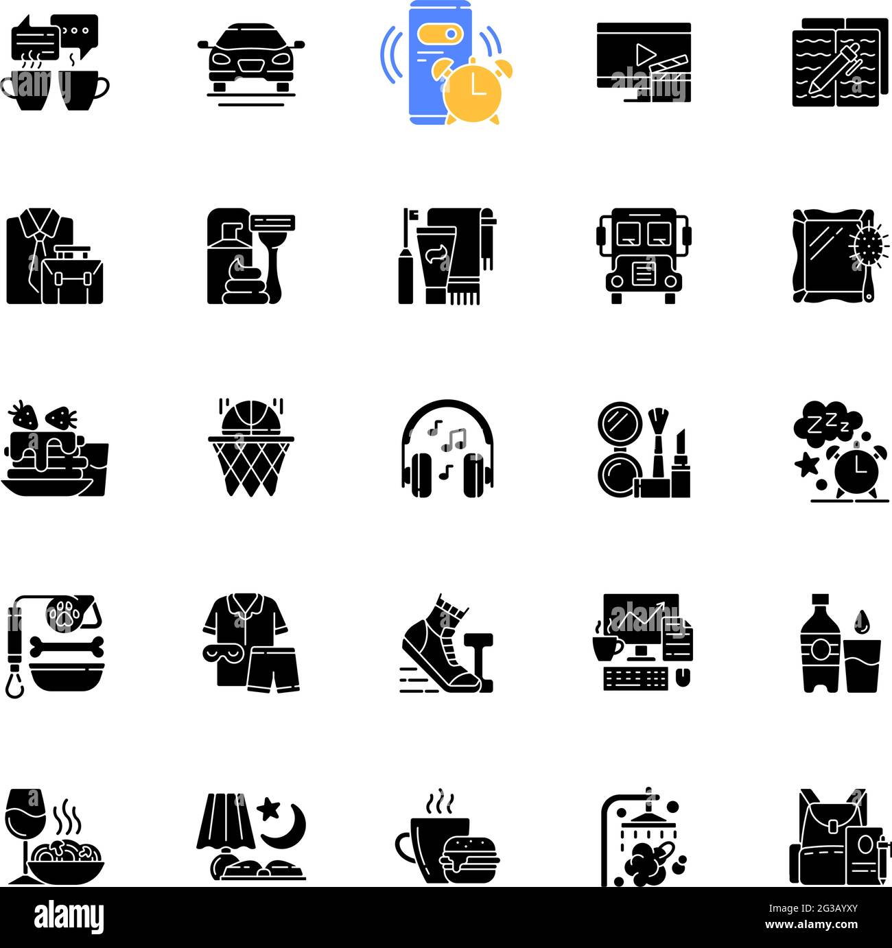 Everyday routine black glyph icons set on white space Stock Vector ...