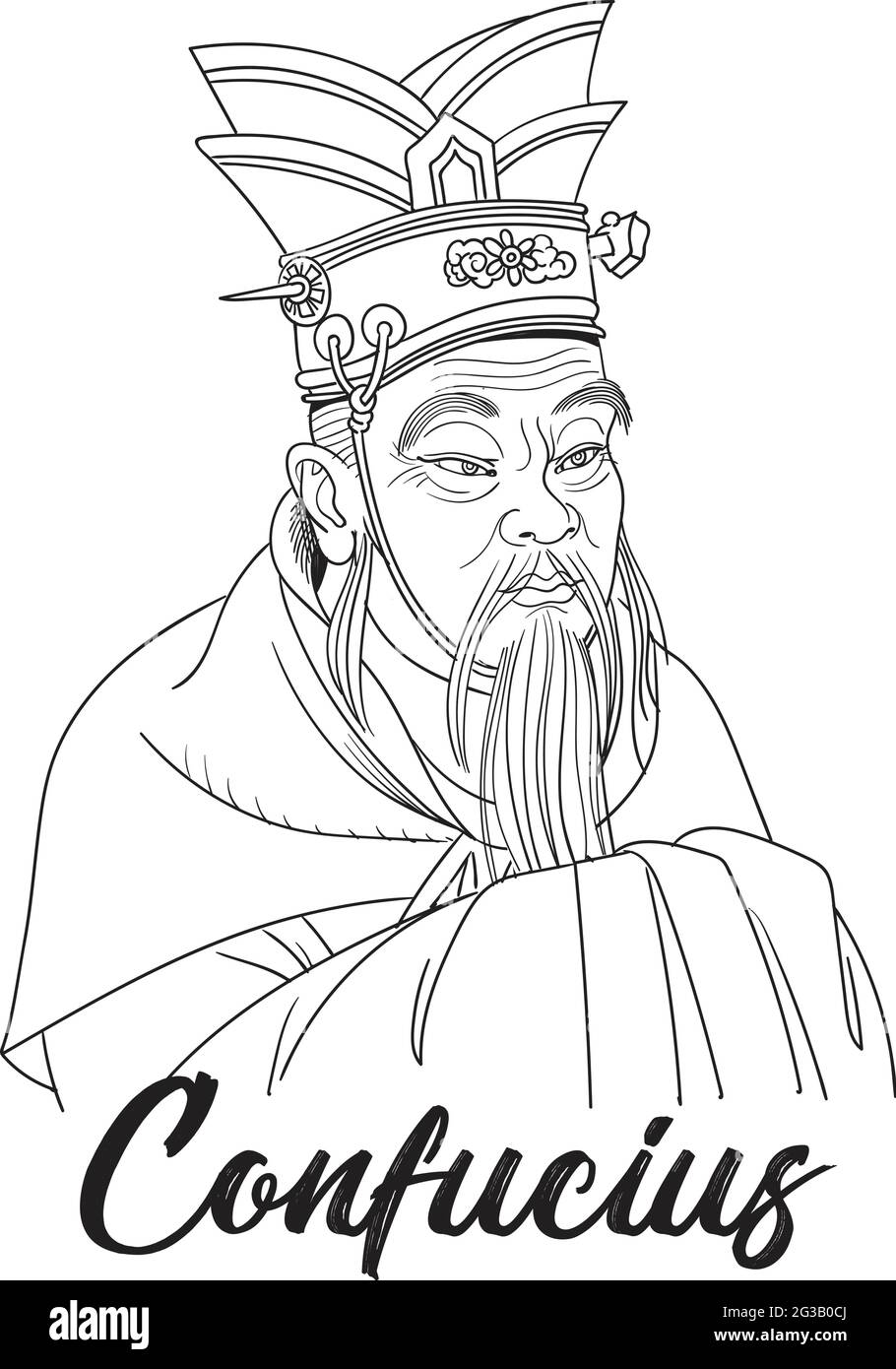 Confucius vector portrait in line art illustration Stock Vector