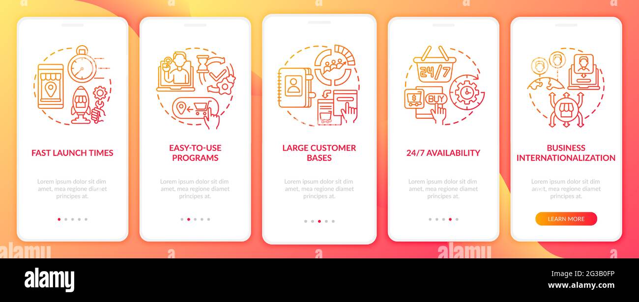 E-marketplace benefits onboarding mobile app page screen Stock Vector ...