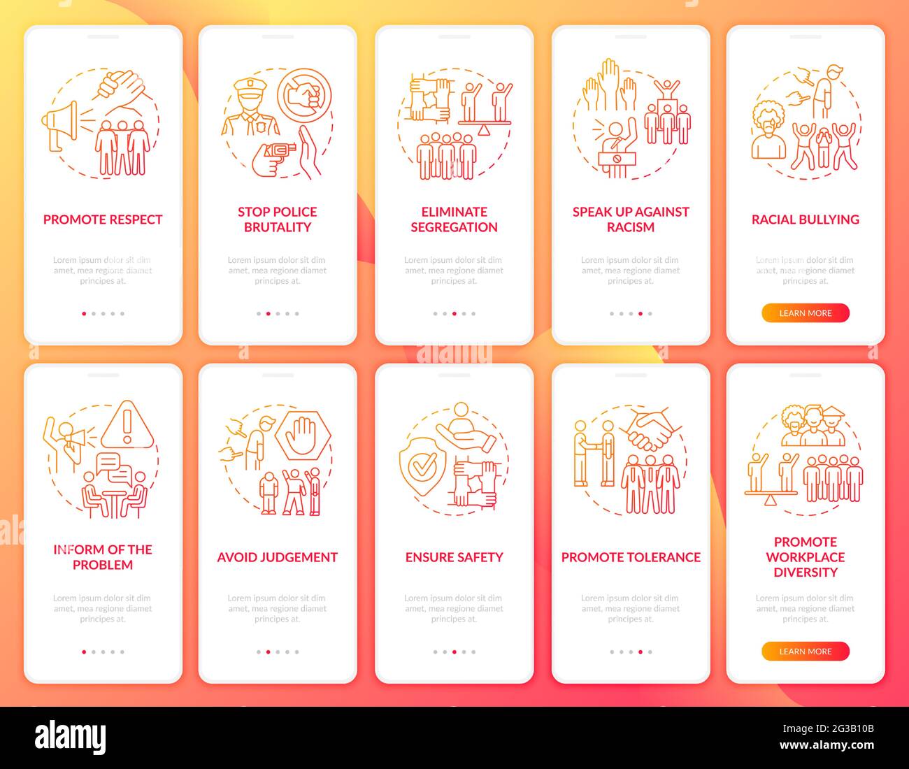 Fighting racial inequality onboarding mobile app page screens set Stock Vector