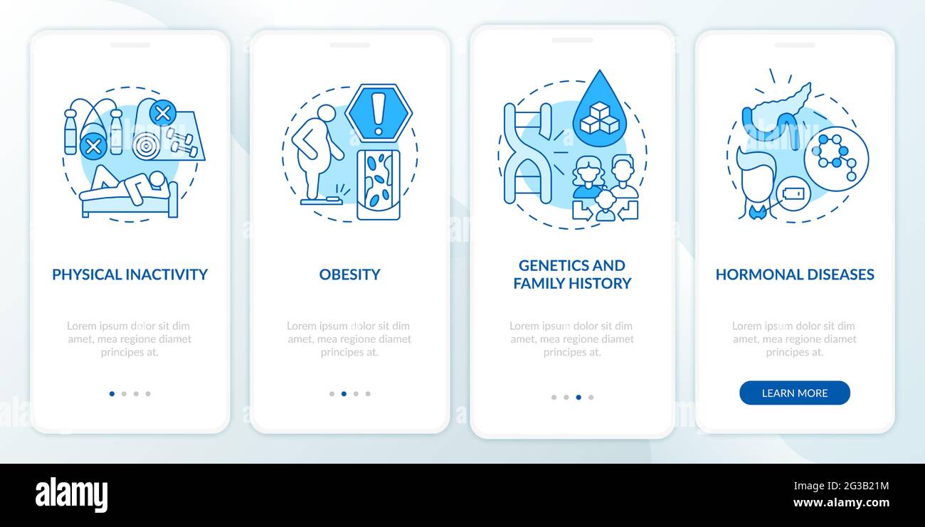 Diabetes causes onboarding mobile app page screen Stock Vector