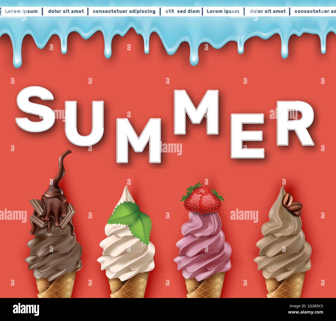 Vector summer sale banner template. Red background with ice cream. Stock Vector