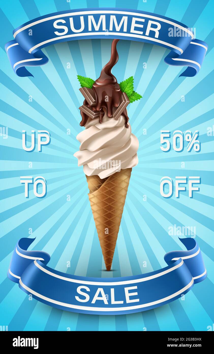 Vector summer sale banner template. Blue background with ice cream and blue  ribbons Stock Vector Image & Art - Alamy