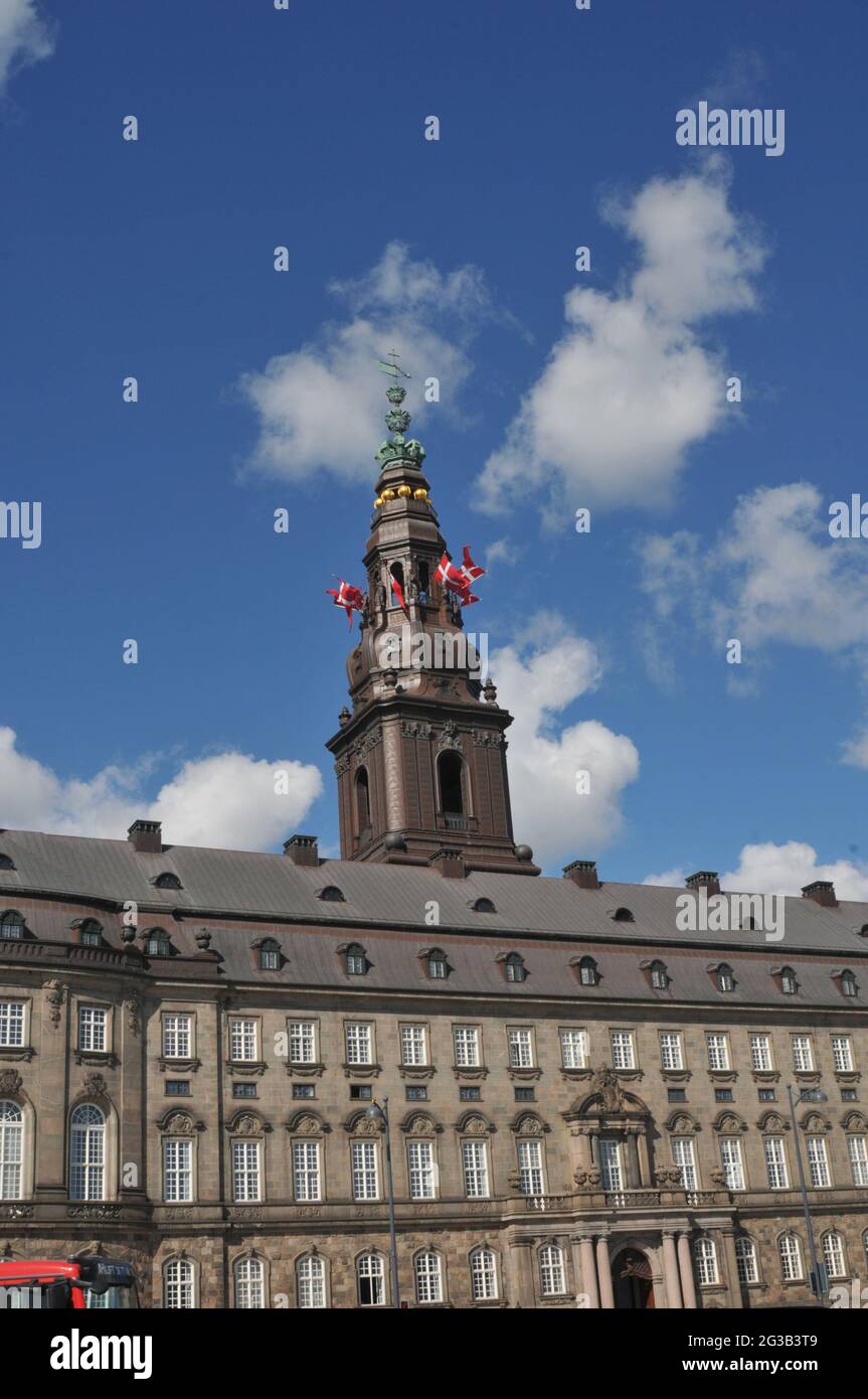 Copenhagen, Denmark. 15 June 2021, Denamrk celebrate in the memory of 1219 king valdemar victory and dannebrog flys over danish parliament and on all Stock Photo