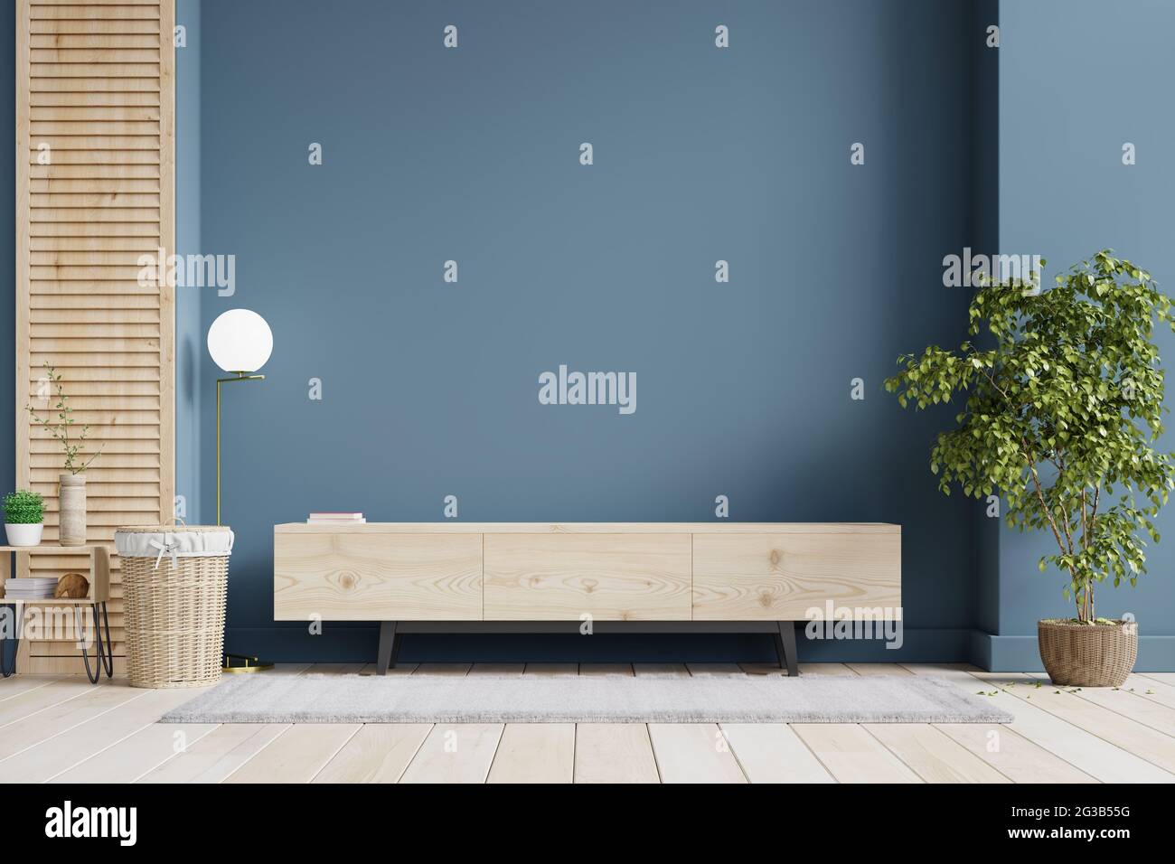 Modern interior of living room with cabinet for tv on dark blue wall ...
