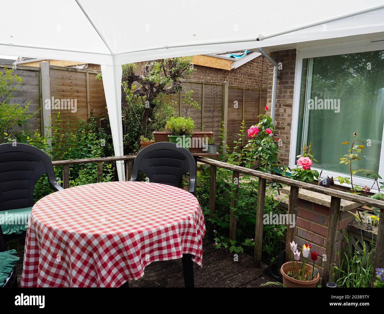 A small area of decking in a back garden covered with a white gazebo and showing a table Stock Photo
