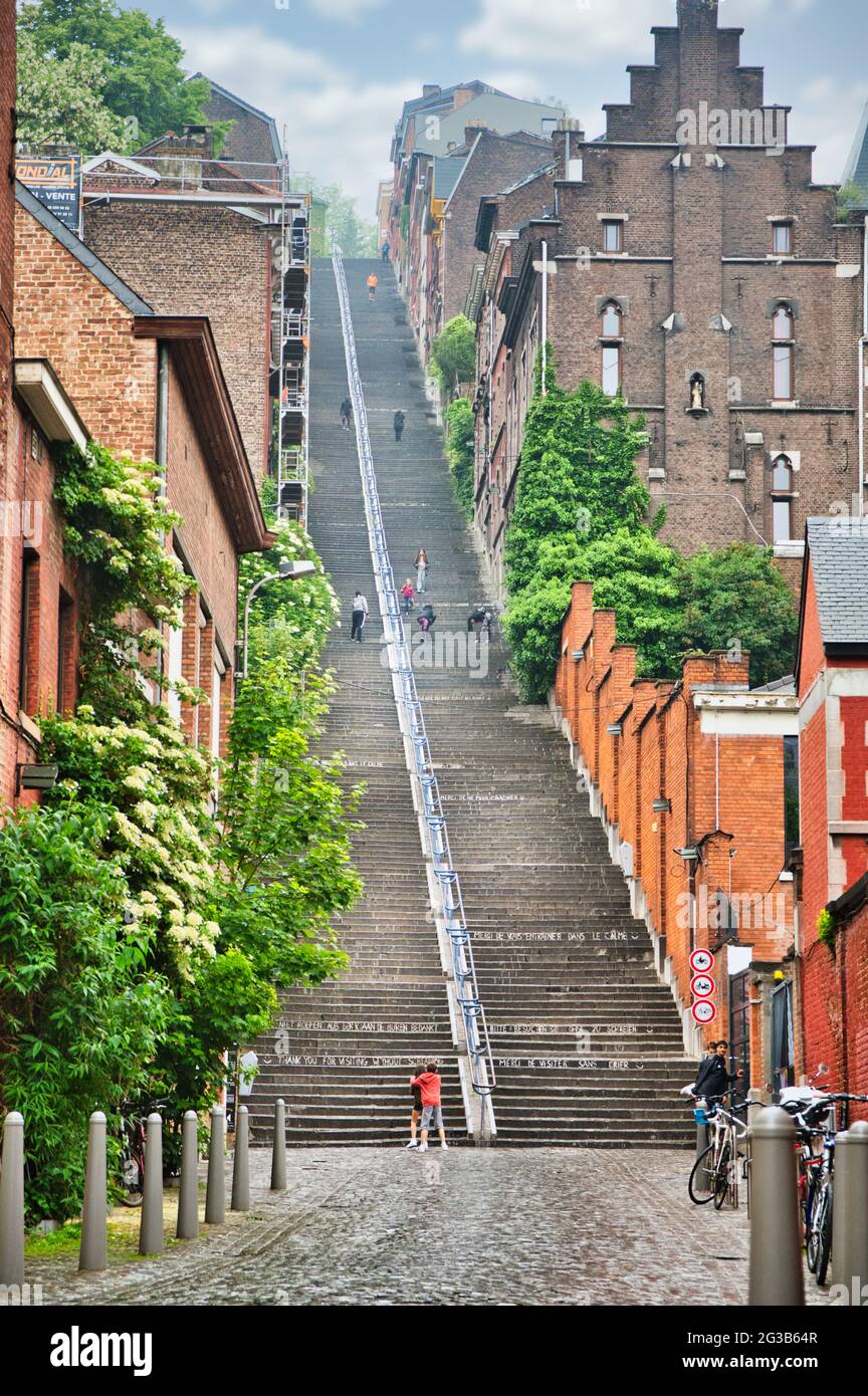 LIEGE, BELGIUM - Jun 05, 2021: Liege, Belgium, June 2021: Famous Montagne de Bueren stairs in Liege, Belgium. 374 steps staircase. Stock Photo