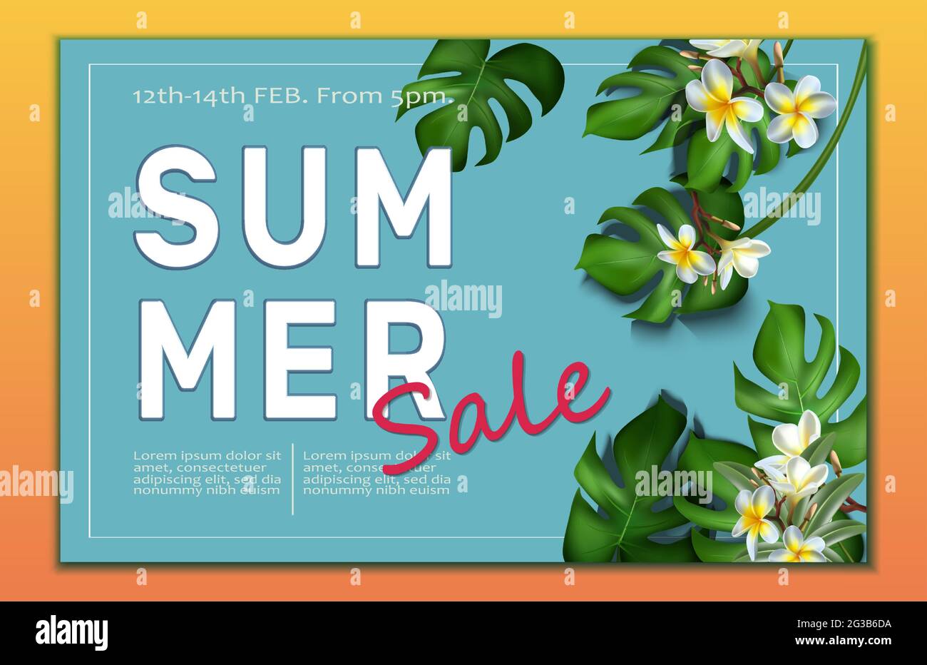 Vector big summer sale banner template with tropical leaves frame and ...