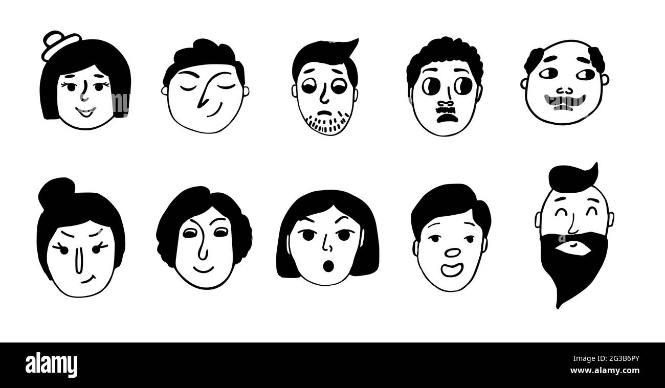 Funny black and white faces set on white background. Vector doodle illustration Stock Vector