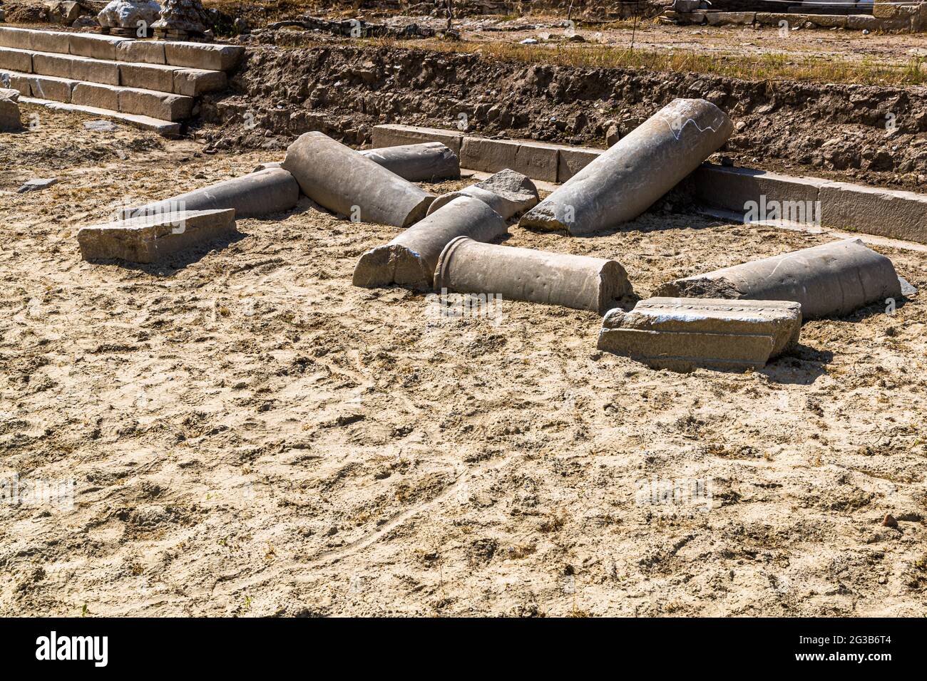 The excavation site of the ancient city of Heraclea Sintica near Petrich, Bulgaria. Heraclea Sintica was founded around 300 BC by Cassander, King of the Kingdom of Macedon (r. 305-297 BC), who also founded Thessaloniki Stock Photo