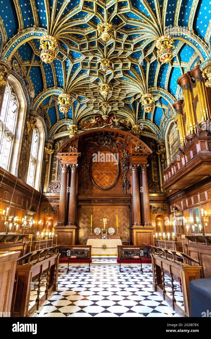Ornate interior of mixed tudor and baroque style Chapel Royal at Hampton Court Place, Richmond, London, UK Stock Photo