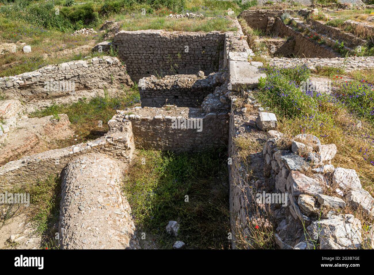 The excavation site of the ancient city of Heraclea Sintica near Petrich, Bulgaria. Heraclea Sintica was founded around 300 BC by Cassander, King of the Kingdom of Macedon (r. 305-297 BC), who also founded Thessaloniki Stock Photo