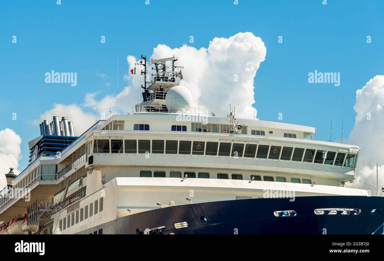 Big sea vessel in the dock of italian port of Trapani in Sicily, Italy Stock Photo