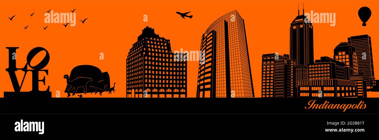 Vector city skyline silhouette - illustration,  Town in orange background,  Indianapolis, Indiana Stock Vector