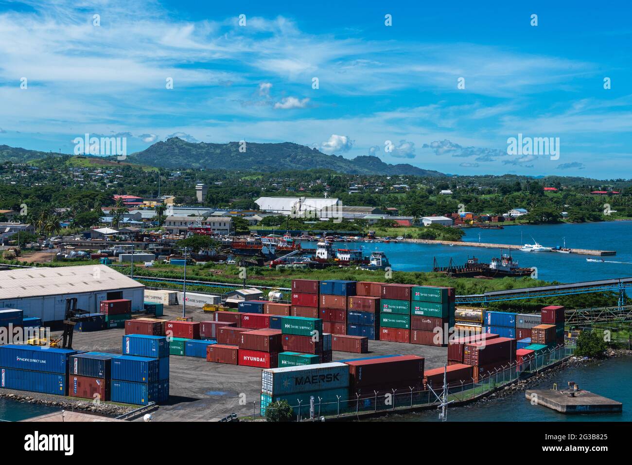 Lautoka, Fiji, South Pacific -- March 7, 2018. A photo overlooking a working commercial port on the island of Lautoka in the South Pacific. Stock Photo