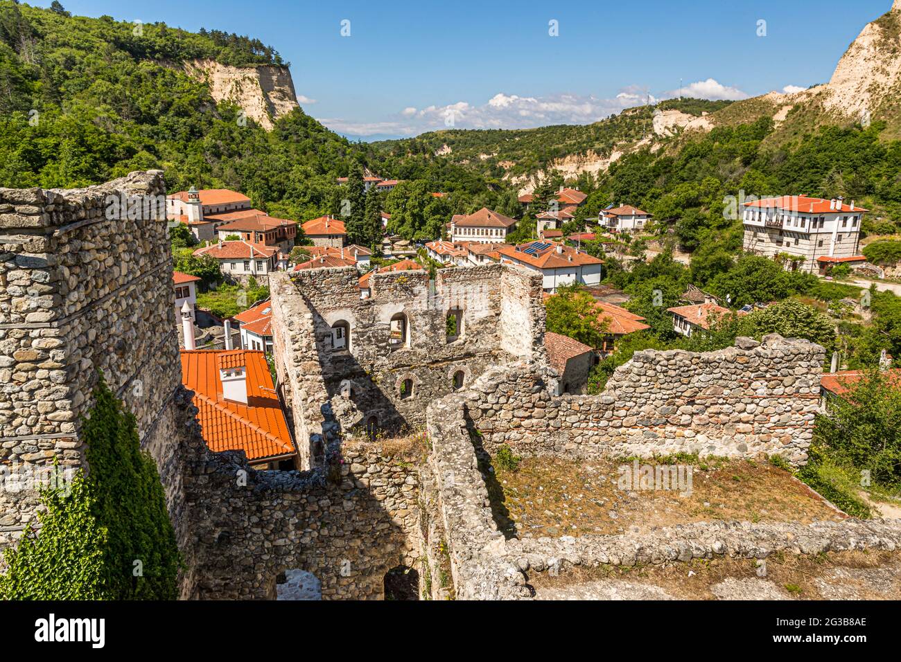 Above the Bulgarian town of Melnik are the ruins of the castle of Despot Aleksiy Slav. They date back to the period of the 13th century, when Melnik was the capital of an independent feudal principality in Bulgaria Stock Photo