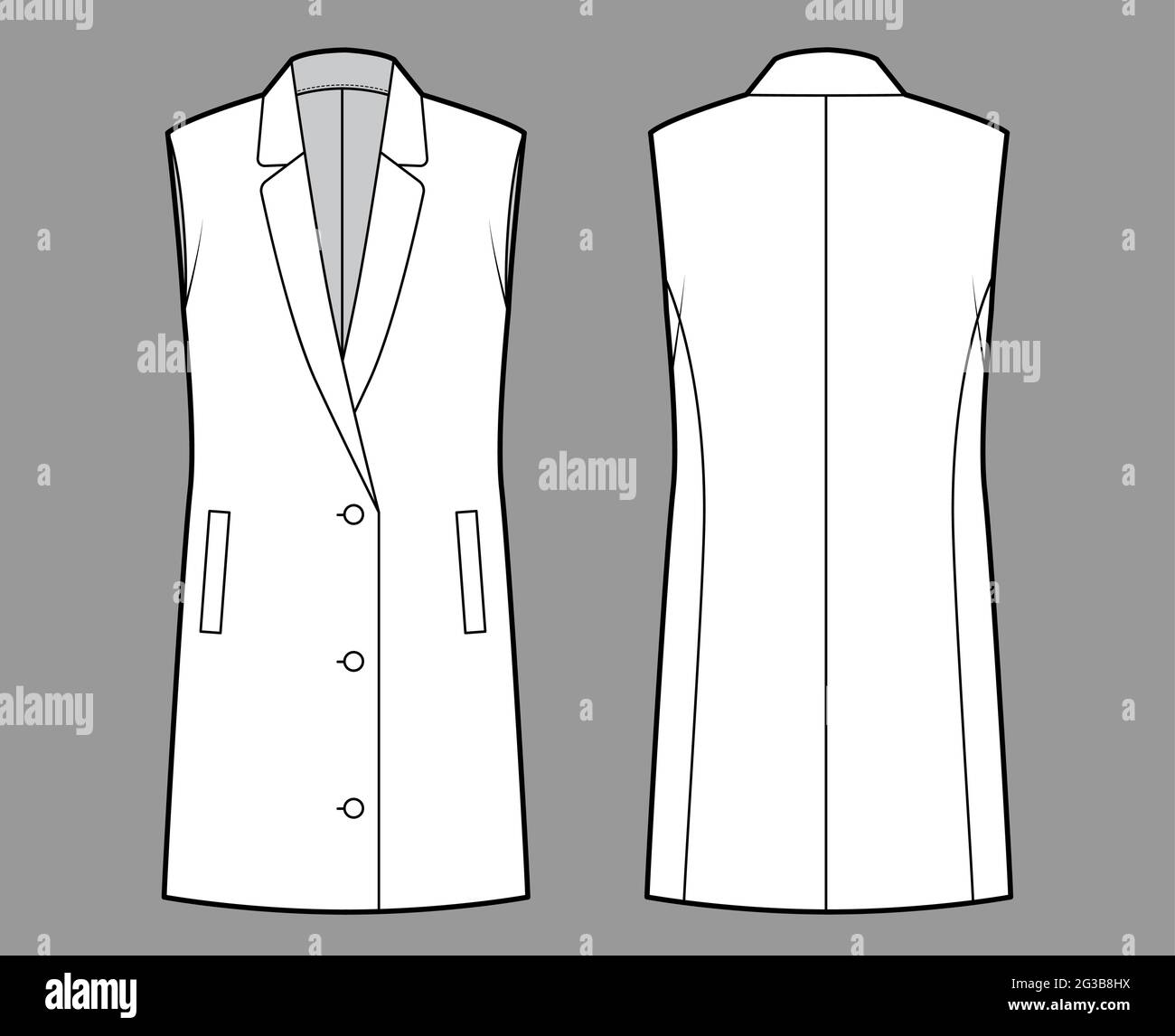 Sleeveless jacket lapelled vest waistcoat technical fashion illustration with button-up closure, pockets, oversized. Flat template front, back, white color style. Women, men unisex top CAD mockup Stock Vector