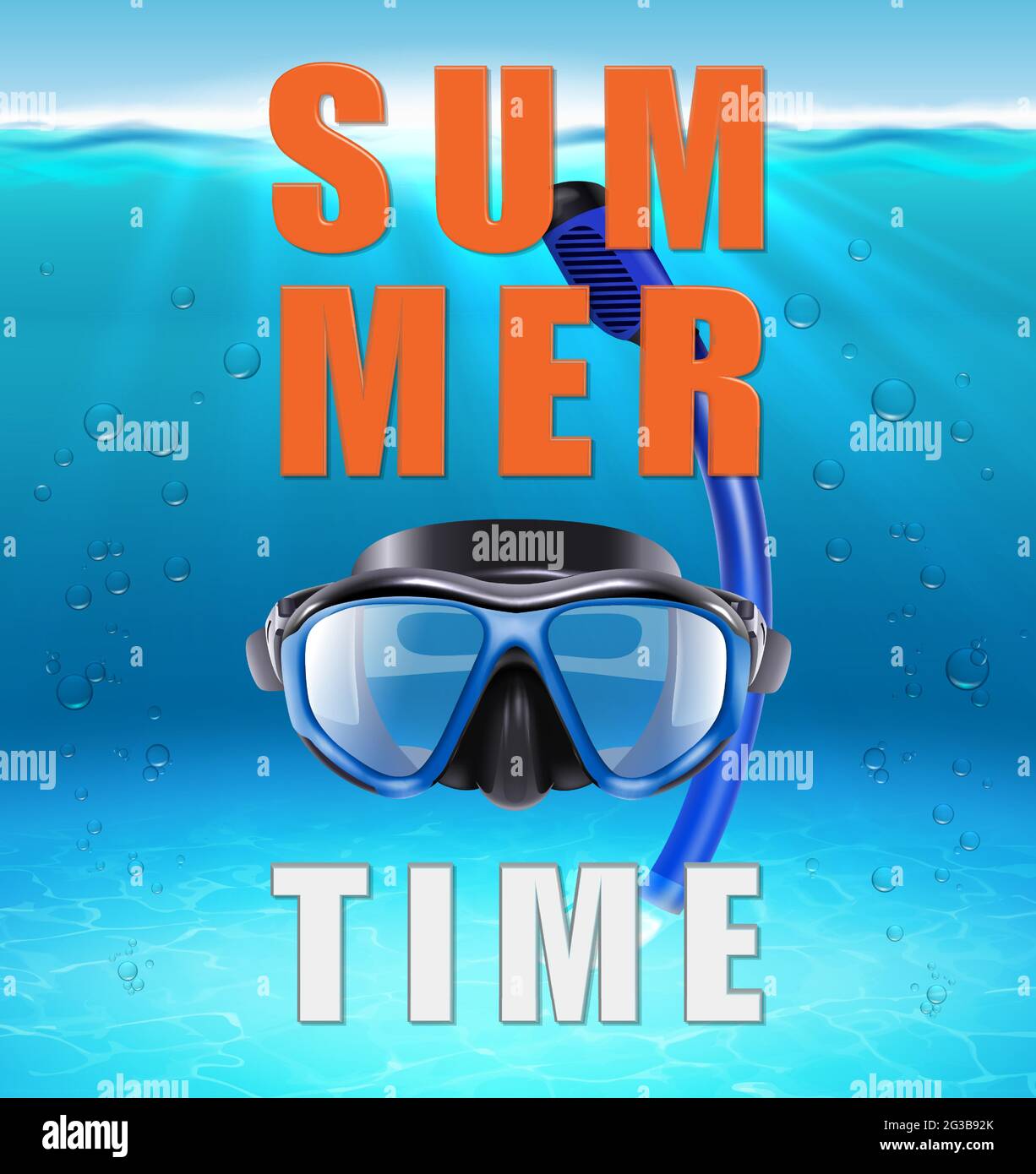 Summer background with big typography letters, 3d realistic vector ocean, under water background with sunlight and rays and mask for diving. Stock Vector