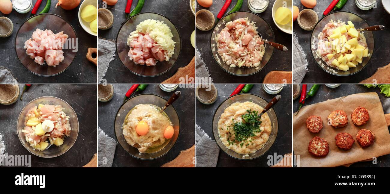 Set of dishes. Food collage. Step-by-step cooking of meatballs and minced chicken. Cooking process, recipe. Stock Photo