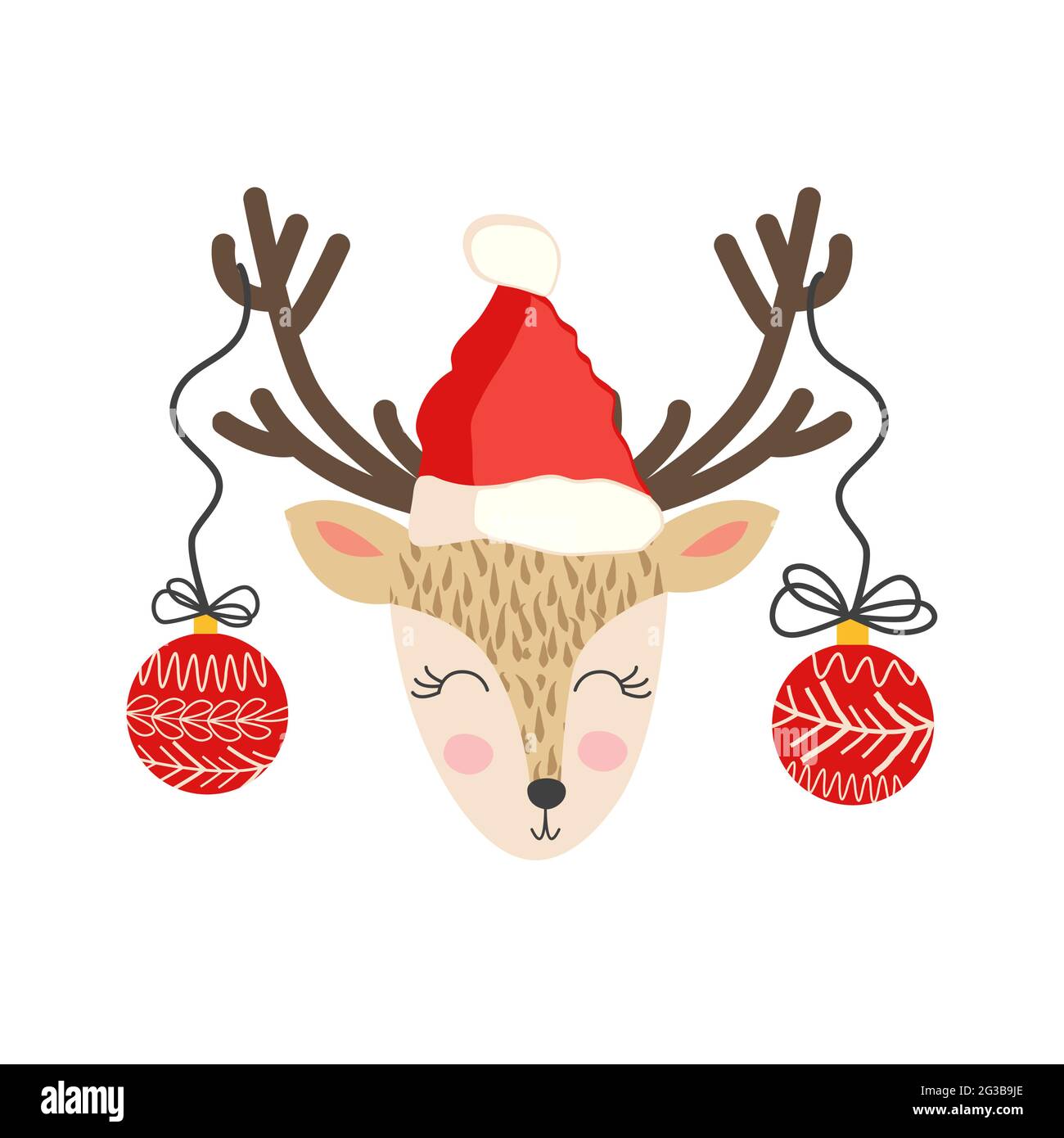 Christmas illustration with cute cartoon deer in doodle style in a ...