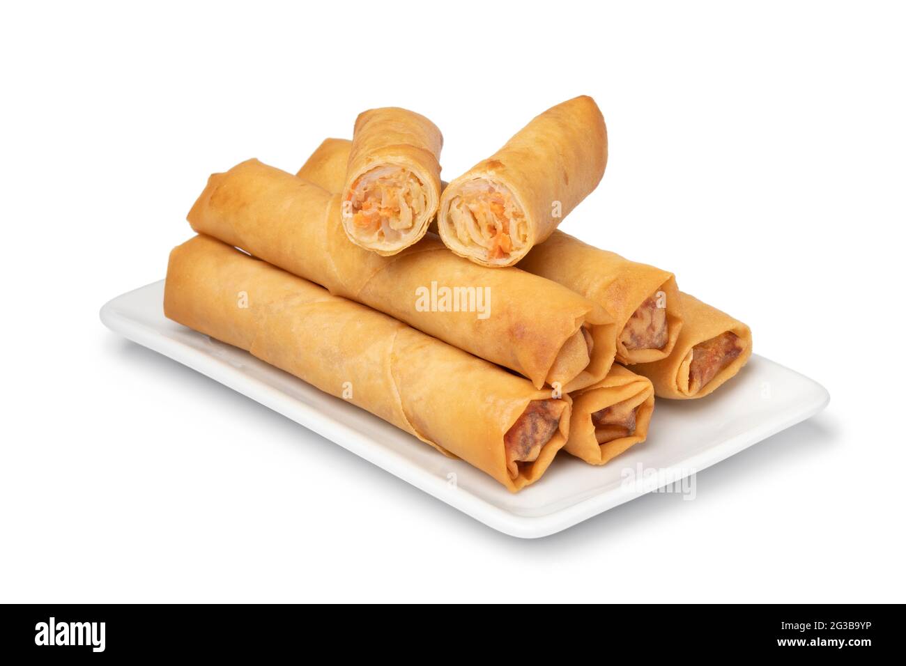 Plate with crispy deep fried Vietnamese egg rolls and a halved one on