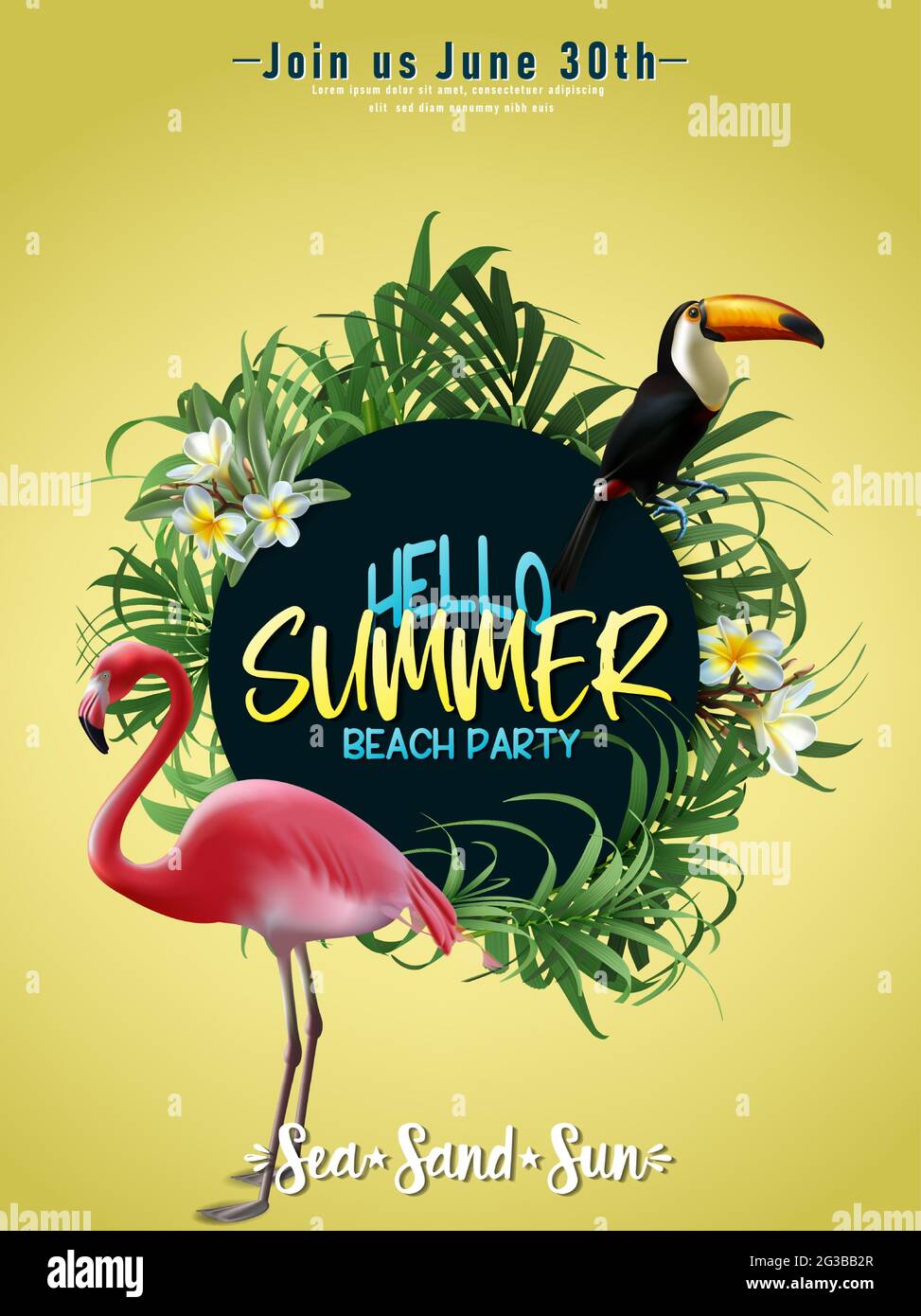 Vector summer sale banner template with tropical leaves and tukan and ...